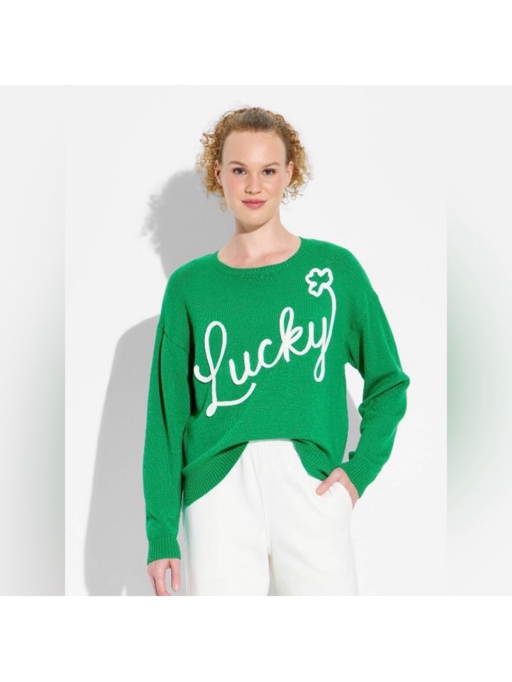 33 Degrees women's green sweater featuring white "Lucky" clover graphic Size M